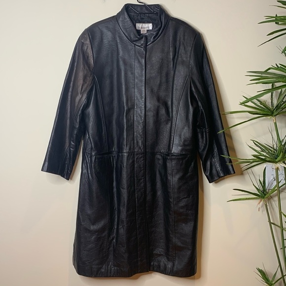 Silhouettes 100% Leather Black Button Down Mandarin Collar Lined Overcoat Jacket - Picture 1 of 17